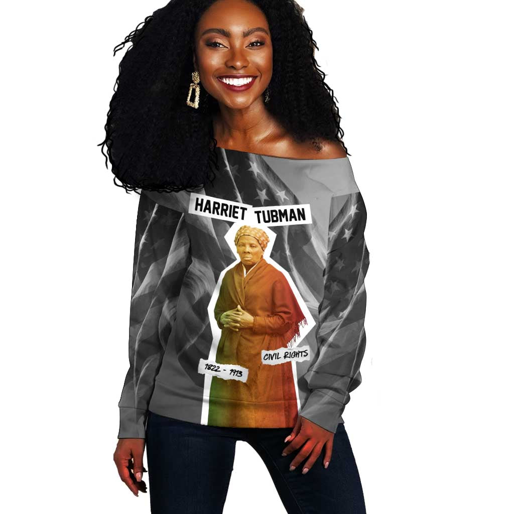 Harriet Tubman Off Shoulder Sweater American Flag Background Civil Rights Quote Keep Going Tribute Design - Wonder Print Shop