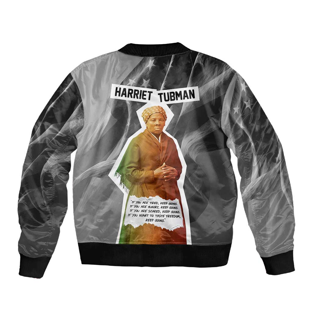 Harriet Tubman Sleeve Zip Bomber Jacket American Flag Background Civil Rights Quote Keep Going Tribute Design - Wonder Print Shop