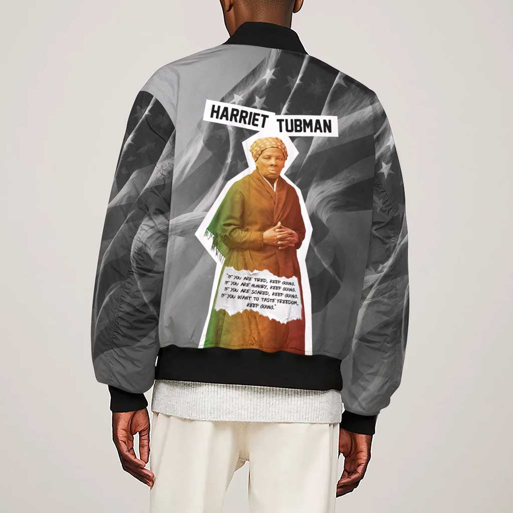 Harriet Tubman Sleeve Zip Bomber Jacket American Flag Background Civil Rights Quote Keep Going Tribute Design - Wonder Print Shop