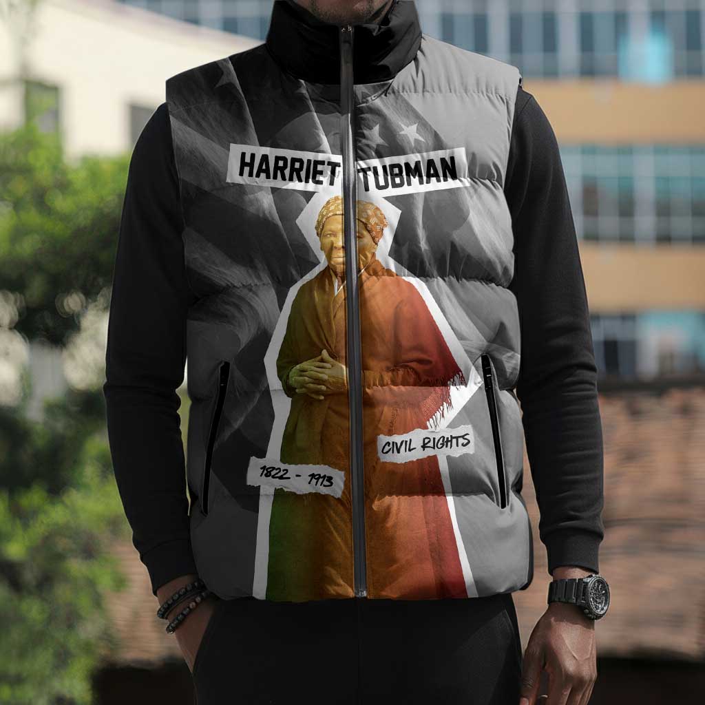 Harriet Tubman Sleeveless Puffer Jacket American Flag Background Civil Rights Quote Keep Going Tribute Design - Wonder Print Shop
