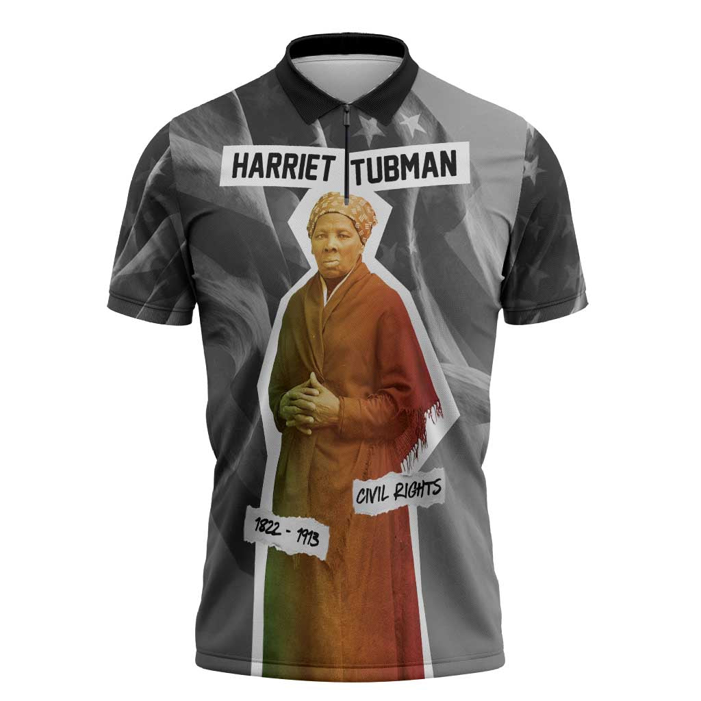 Harriet Tubman Zipper Polo Shirt American Flag Background Civil Rights Quote Keep Going Tribute Design - Wonder Print Shop