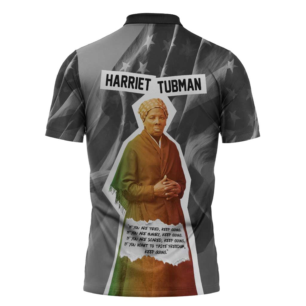 Harriet Tubman Zipper Polo Shirt American Flag Background Civil Rights Quote Keep Going Tribute Design - Wonder Print Shop