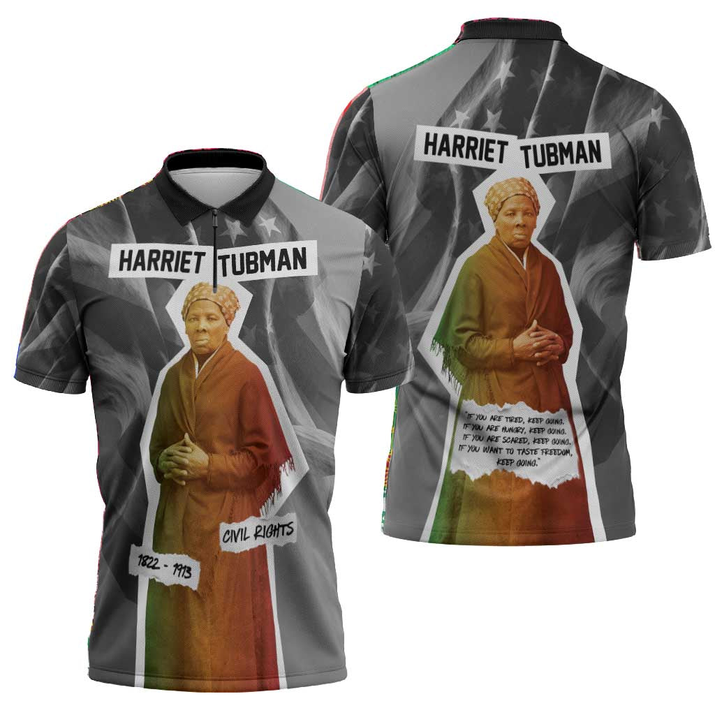 Harriet Tubman Zipper Polo Shirt American Flag Background Civil Rights Quote Keep Going Tribute Design - Wonder Print Shop