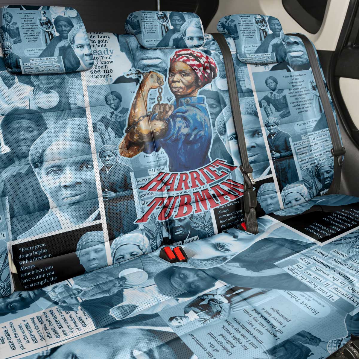 Harriet Tubman Back Car Seat Cover Newspaper Collage Design We Out Quote Strong Woman Tribute Underground Railroad Legacy - Wonder Print Shop