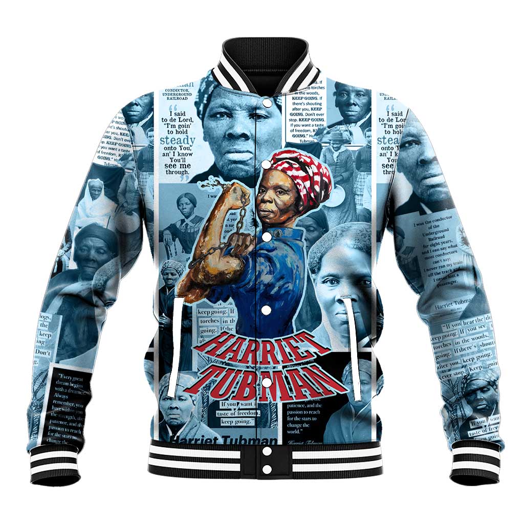 Harriet Tubman Baseball Jacket Newspaper Collage Design We Out Quote Strong Woman Tribute Underground Railroad Legacy - Wonder Print Shop