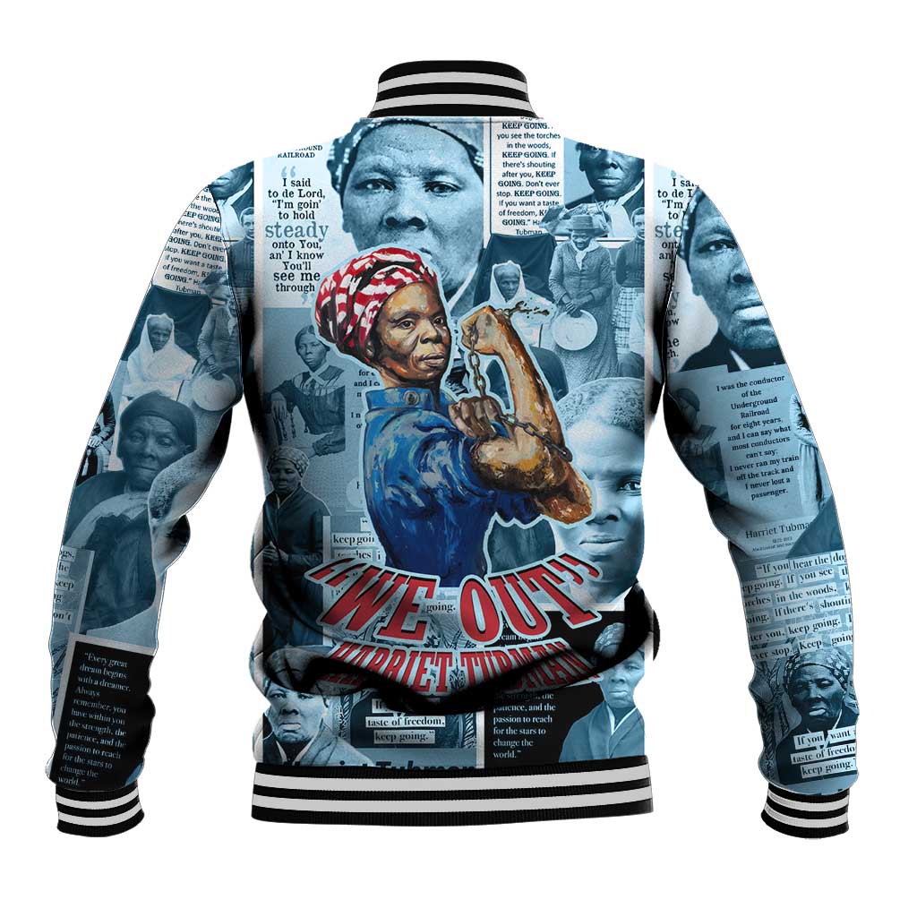 Harriet Tubman Baseball Jacket Newspaper Collage Design We Out Quote Strong Woman Tribute Underground Railroad Legacy - Wonder Print Shop