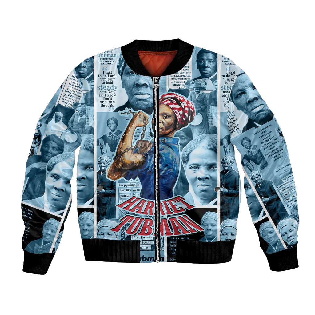 Harriet Tubman Bomber Jacket Newspaper Collage Design We Out Quote Strong Woman Tribute Underground Railroad Legacy - Wonder Print Shop