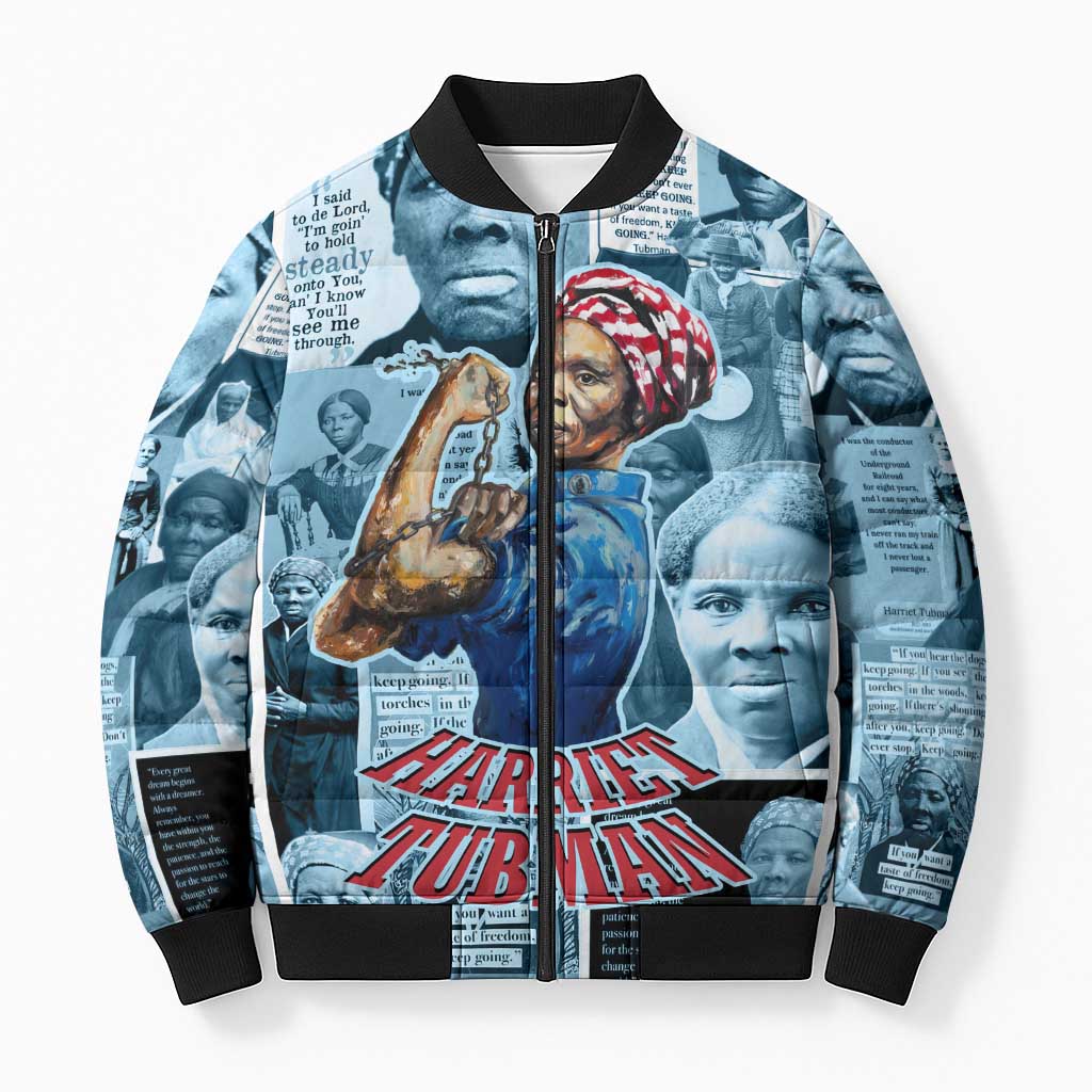 Harriet Tubman Bomber Puffer Jacket Newspaper Collage Design We Out Quote Strong Woman Tribute Underground Railroad Legacy - Wonder Print Shop