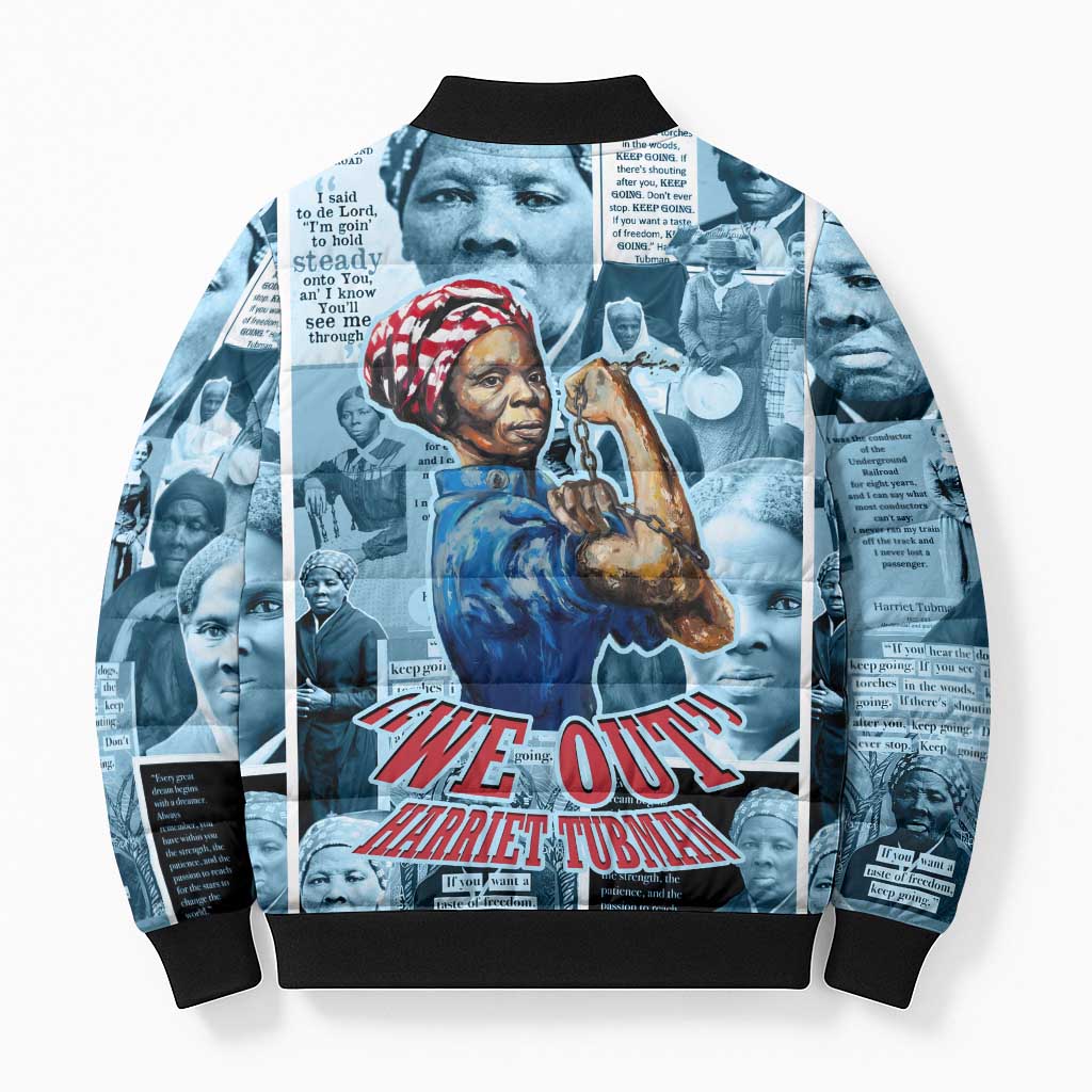 Harriet Tubman Bomber Puffer Jacket Newspaper Collage Design We Out Quote Strong Woman Tribute Underground Railroad Legacy - Wonder Print Shop