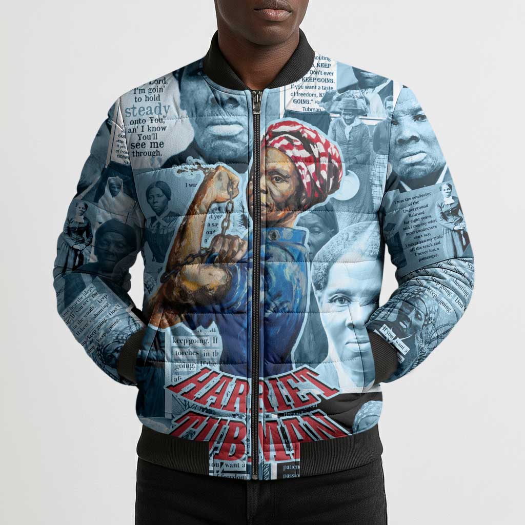 Harriet Tubman Bomber Puffer Jacket Newspaper Collage Design We Out Quote Strong Woman Tribute Underground Railroad Legacy - Wonder Print Shop