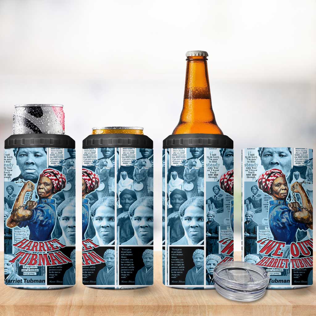 Harriet Tubman 4 in 1 Can Cooler Tumbler Newspaper Collage Design We Out Quote Strong Woman Tribute Underground Railroad Legacy - Wonder Print Shop