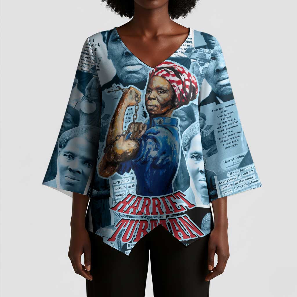 Harriet Tubman Kimono Sleeve Blouse Newspaper Collage Design We Out Quote Strong Woman Tribute Underground Railroad Legacy - Wonder Print Shop