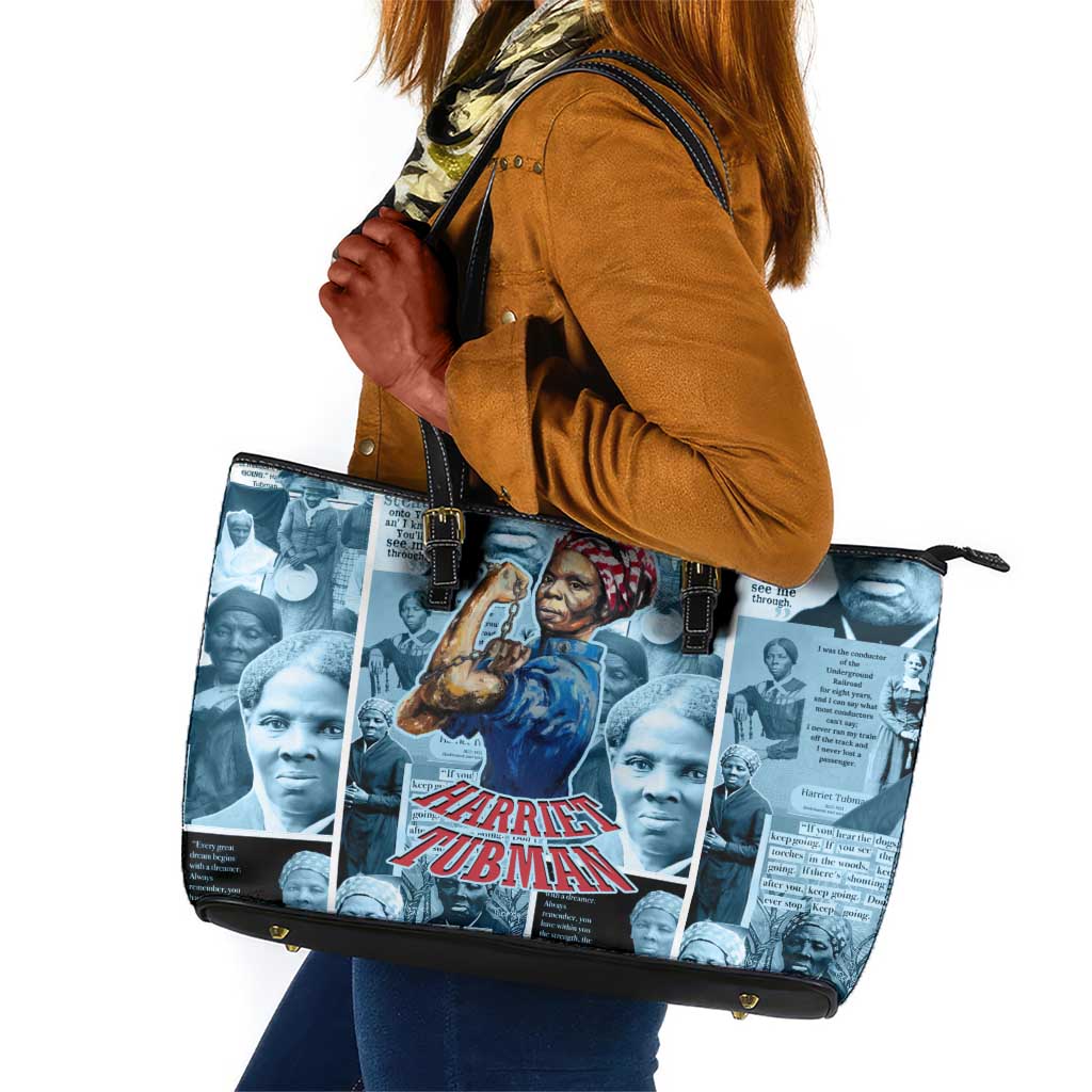 Harriet Tubman Leather Tote Bag Newspaper Collage Design We Out Quote Strong Woman Tribute Underground Railroad Legacy - Wonder Print Shop