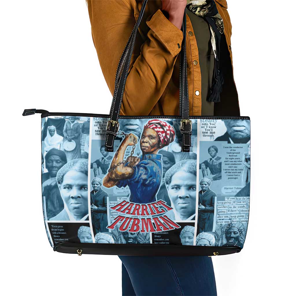 Harriet Tubman Leather Tote Bag Newspaper Collage Design We Out Quote Strong Woman Tribute Underground Railroad Legacy - Wonder Print Shop
