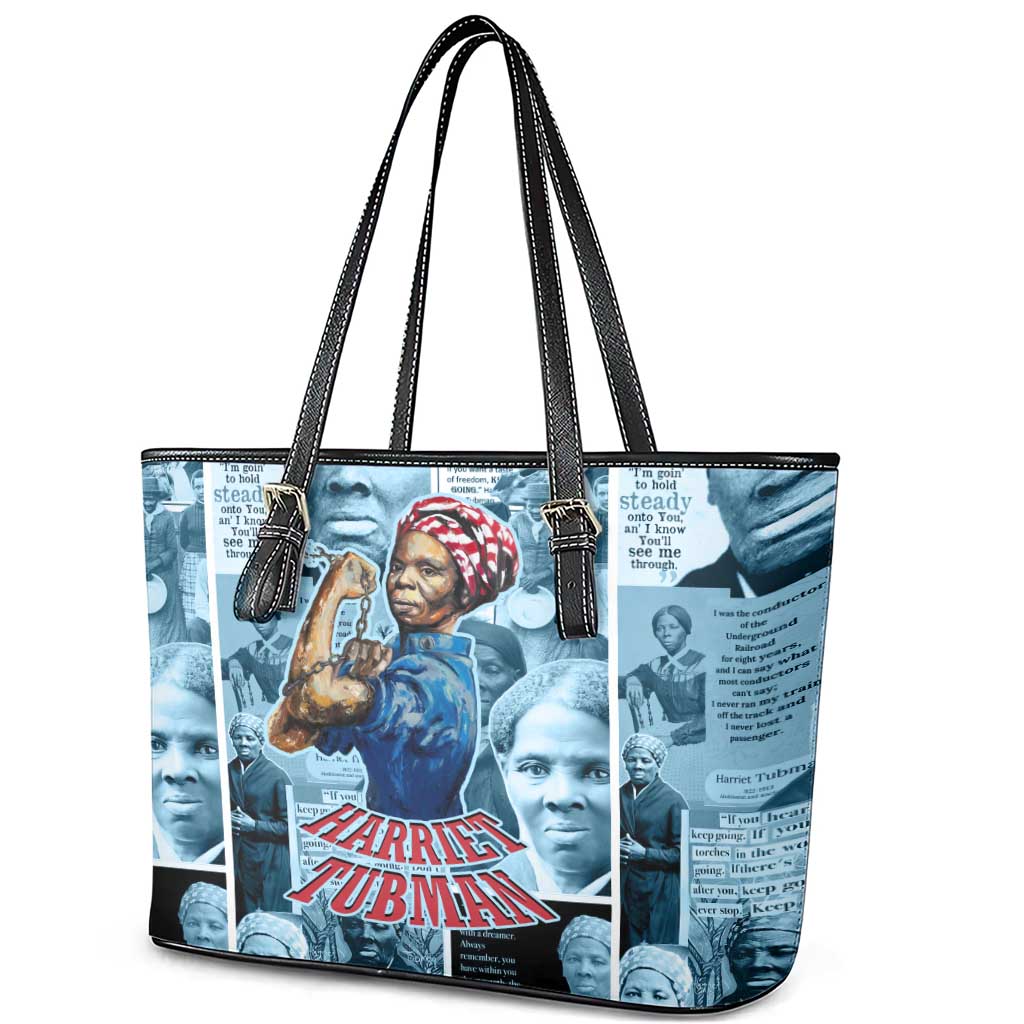 Harriet Tubman Leather Tote Bag Newspaper Collage Design We Out Quote Strong Woman Tribute Underground Railroad Legacy - Wonder Print Shop
