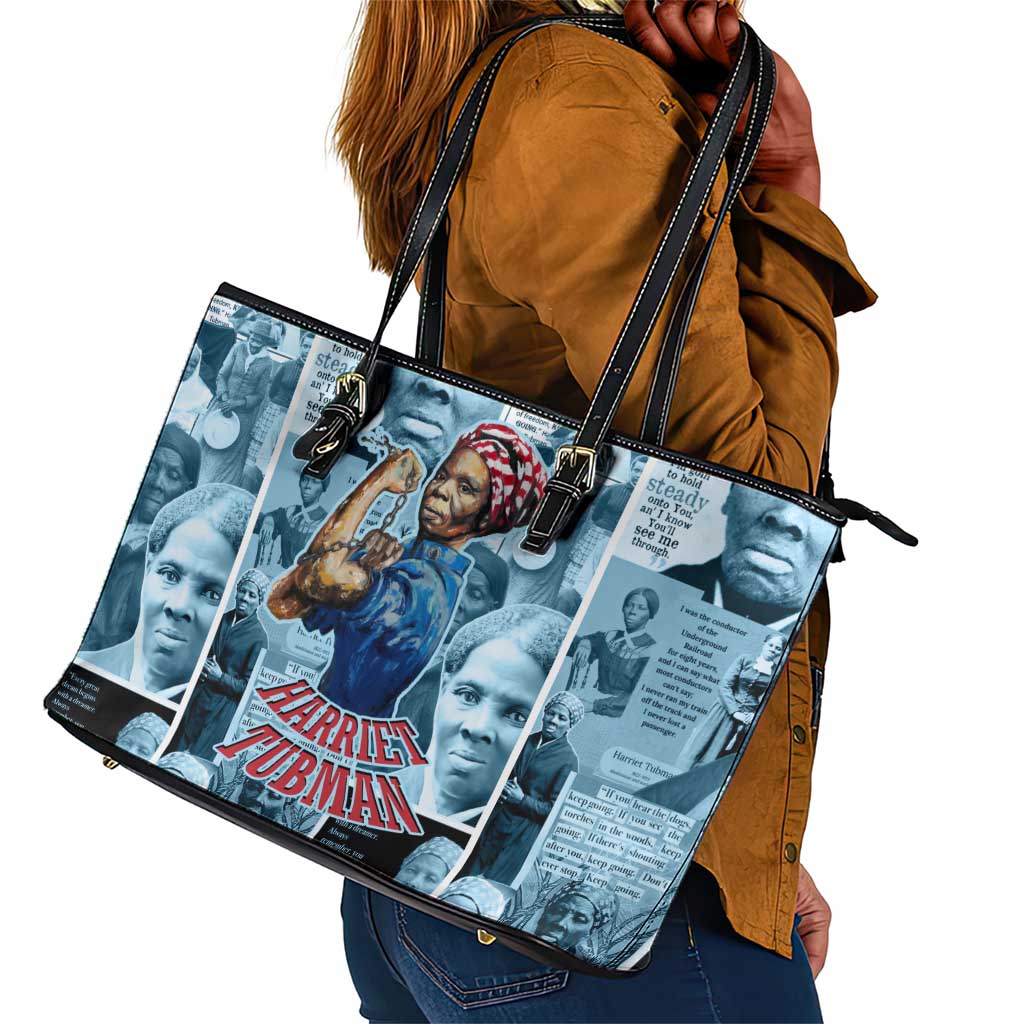 Harriet Tubman Leather Tote Bag Newspaper Collage Design We Out Quote Strong Woman Tribute Underground Railroad Legacy - Wonder Print Shop