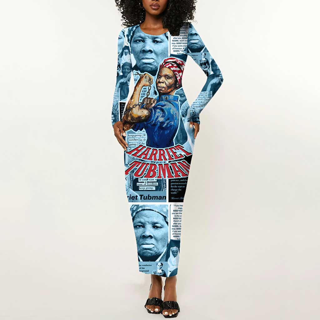 Harriet Tubman Long Sleeve Bodycon Dress Newspaper Collage Design We Out Quote Strong Woman Tribute Underground Railroad Legacy - Wonder Print Shop