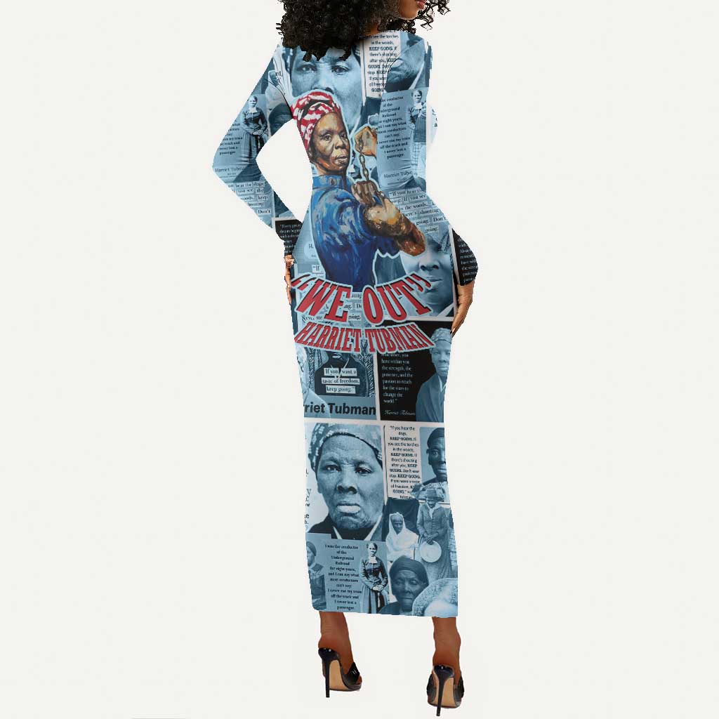 Harriet Tubman Long Sleeve Bodycon Dress Newspaper Collage Design We Out Quote Strong Woman Tribute Underground Railroad Legacy - Wonder Print Shop