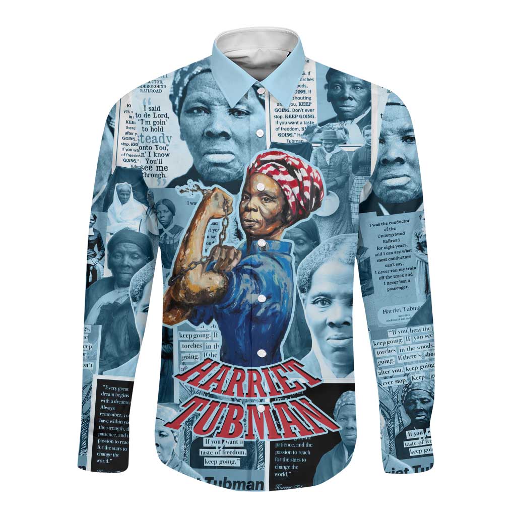 Harriet Tubman Long Sleeve Button Shirt Newspaper Collage Design We Out Quote Strong Woman Tribute Underground Railroad Legacy - Wonder Print Shop