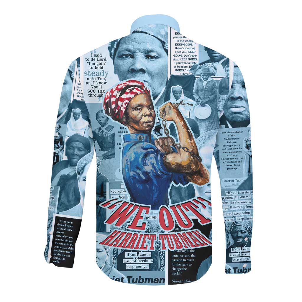 Harriet Tubman Long Sleeve Button Shirt Newspaper Collage Design We Out Quote Strong Woman Tribute Underground Railroad Legacy - Wonder Print Shop