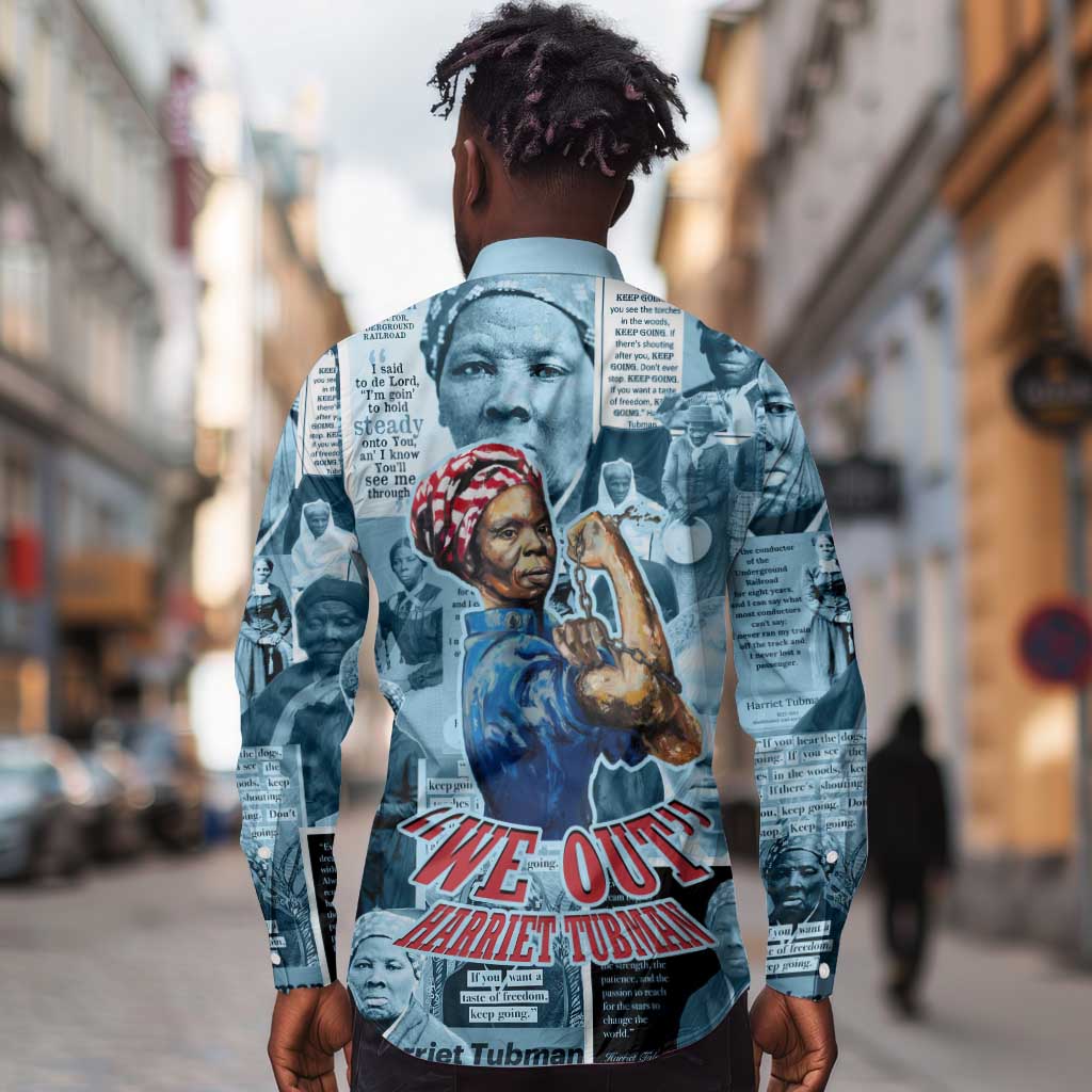 Harriet Tubman Long Sleeve Button Shirt Newspaper Collage Design We Out Quote Strong Woman Tribute Underground Railroad Legacy - Wonder Print Shop