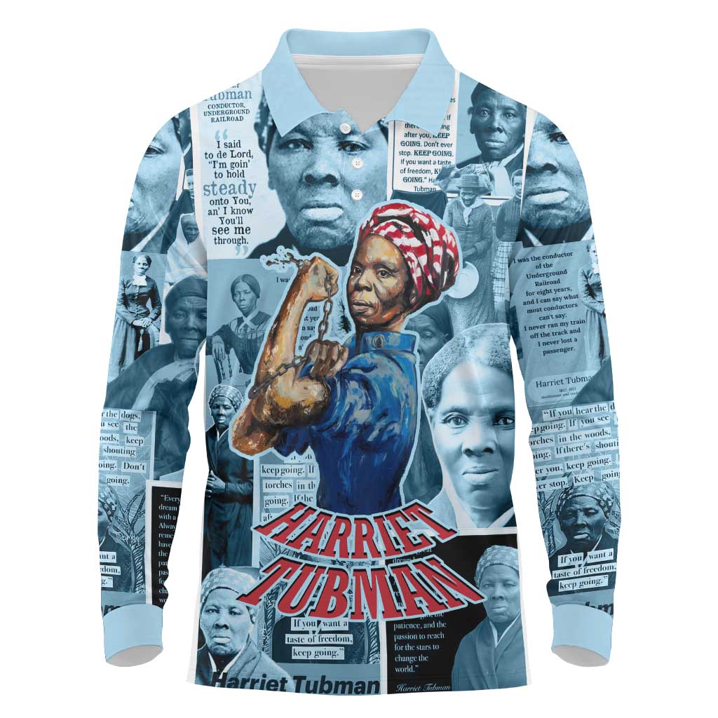 Harriet Tubman Long Sleeve Polo Shirt Newspaper Collage Design We Out Quote Strong Woman Tribute Underground Railroad Legacy - Wonder Print Shop