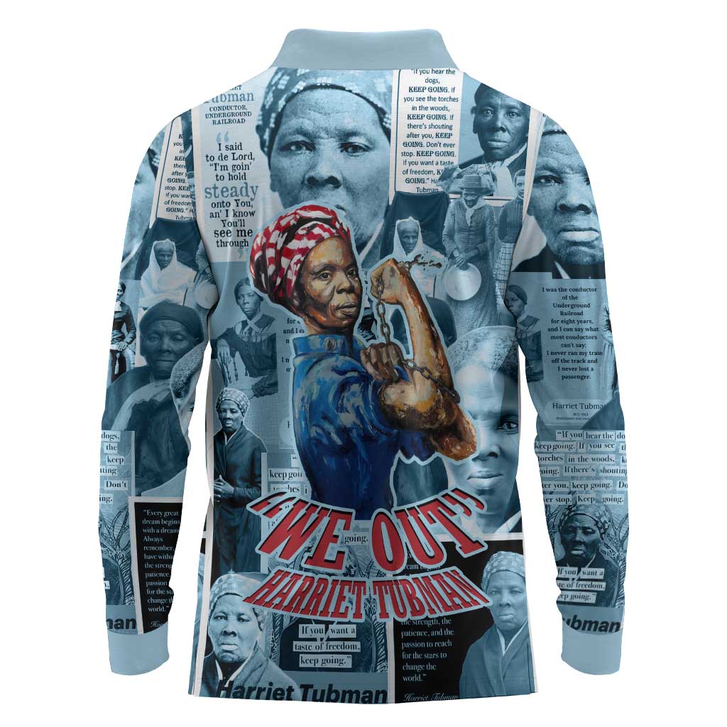Harriet Tubman Long Sleeve Polo Shirt Newspaper Collage Design We Out Quote Strong Woman Tribute Underground Railroad Legacy - Wonder Print Shop