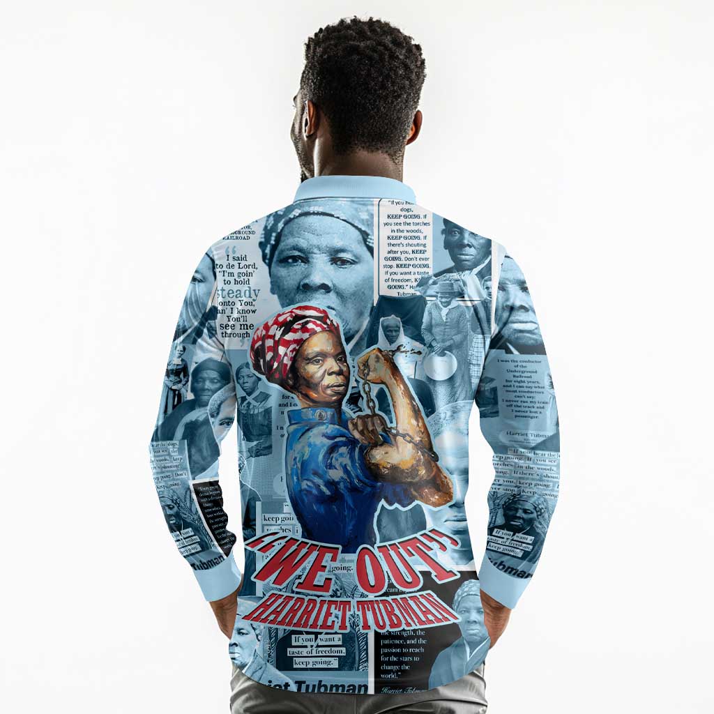 Harriet Tubman Long Sleeve Polo Shirt Newspaper Collage Design We Out Quote Strong Woman Tribute Underground Railroad Legacy - Wonder Print Shop