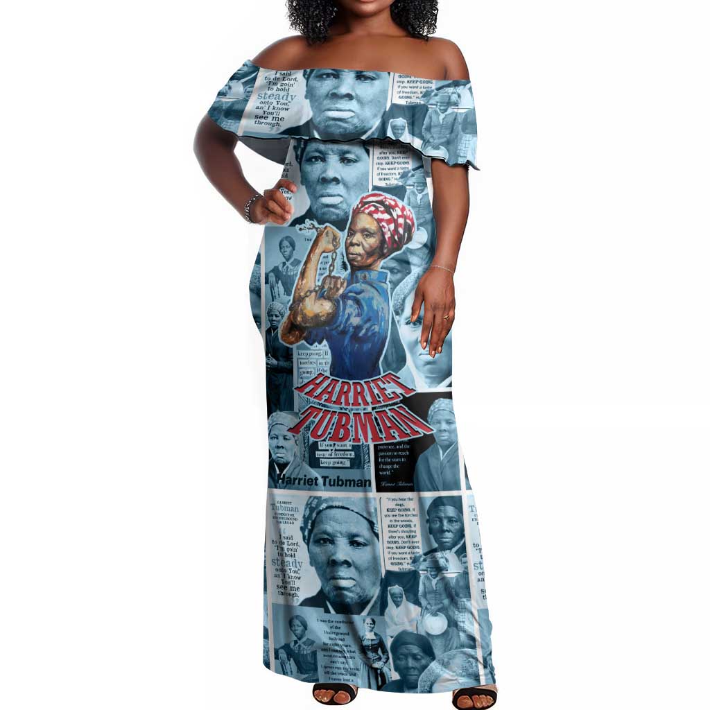Harriet Tubman Off Shoulder Maxi Dress Newspaper Collage Design We Out Quote Strong Woman Tribute Underground Railroad Legacy - Wonder Print Shop