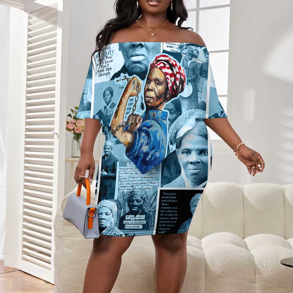 Harriet Tubman Off Shoulder Short Dress Newspaper Collage Design We Out Quote Strong Woman Tribute Underground Railroad Legacy - Wonder Print Shop