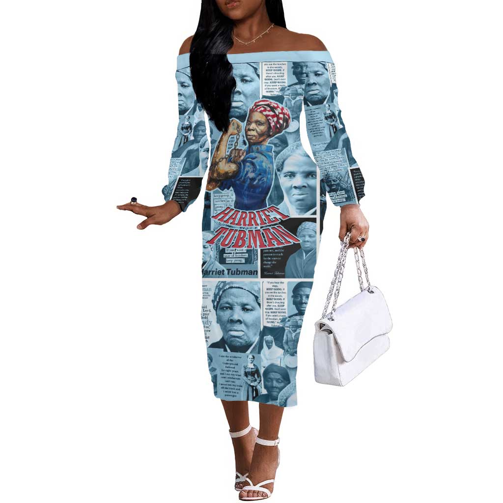 Harriet Tubman Off The Shoulder Long Sleeve Dress Newspaper Collage Design We Out Quote Strong Woman Tribute Underground Railroad Legacy - Wonder Print Shop
