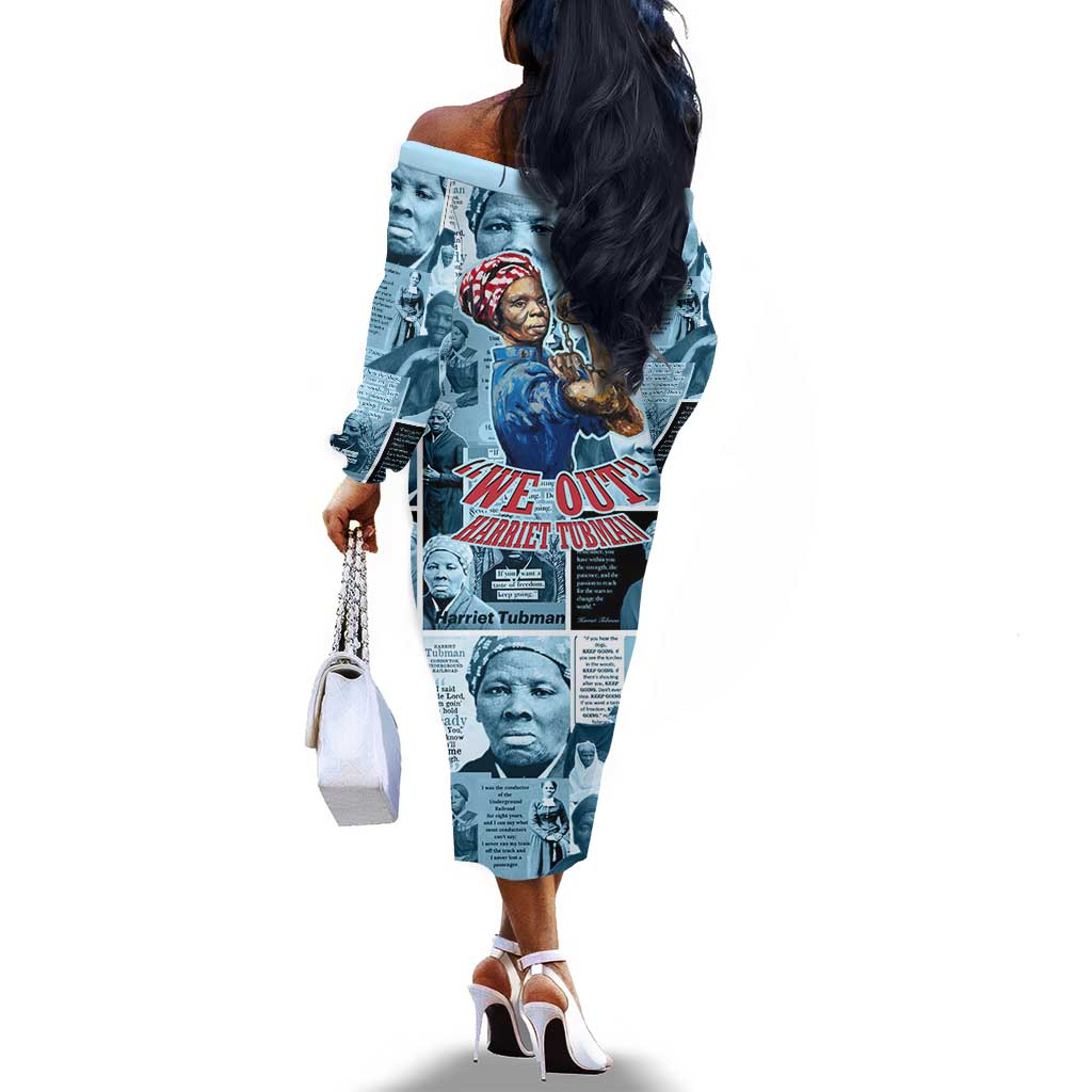 Harriet Tubman Off The Shoulder Long Sleeve Dress Newspaper Collage Design We Out Quote Strong Woman Tribute Underground Railroad Legacy - Wonder Print Shop
