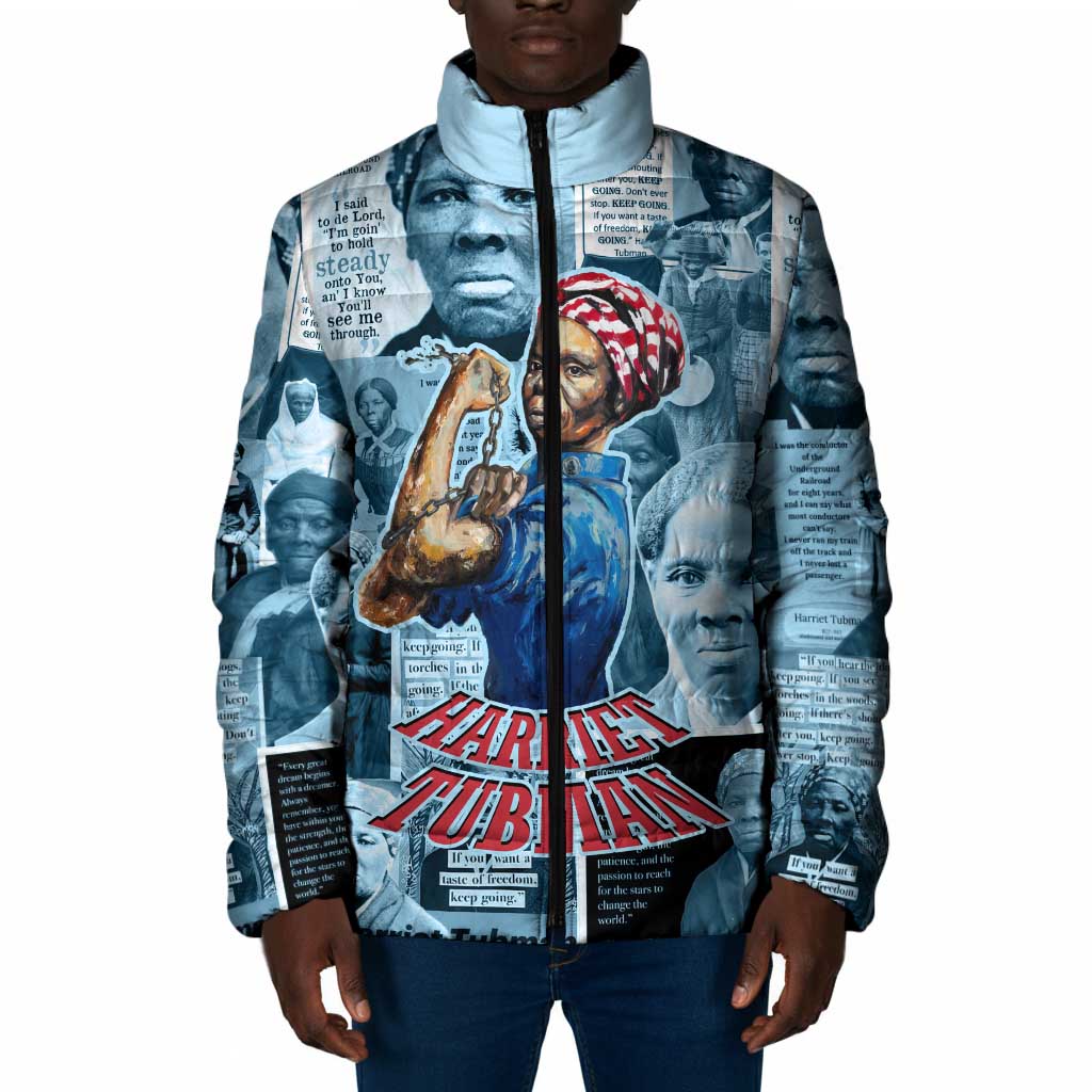 Harriet Tubman Padded Jacket Newspaper Collage Design We Out Quote Strong Woman Tribute Underground Railroad Legacy - Wonder Print Shop