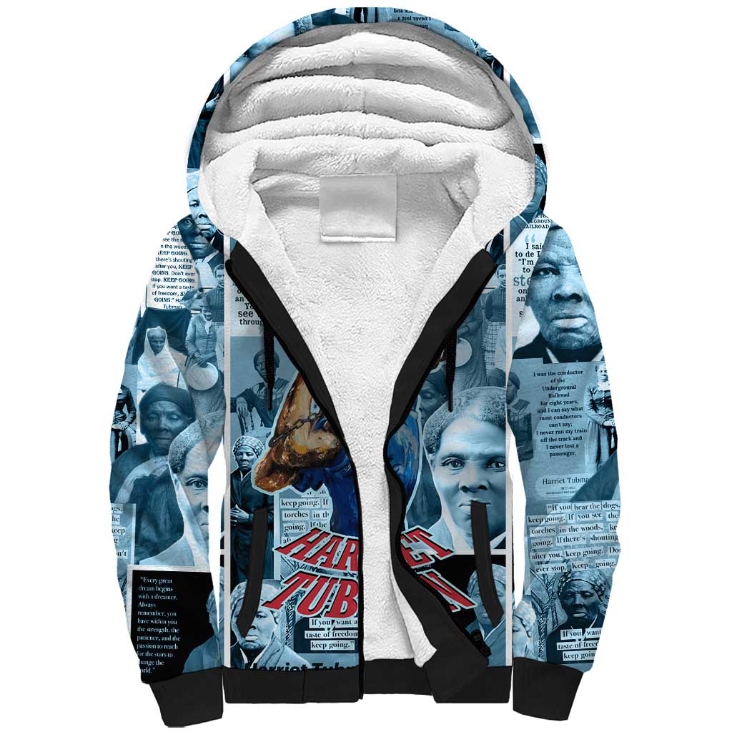 Harriet Tubman Sherpa Hoodie Newspaper Collage Design We Out Quote Strong Woman Tribute Underground Railroad Legacy - Wonder Print Shop