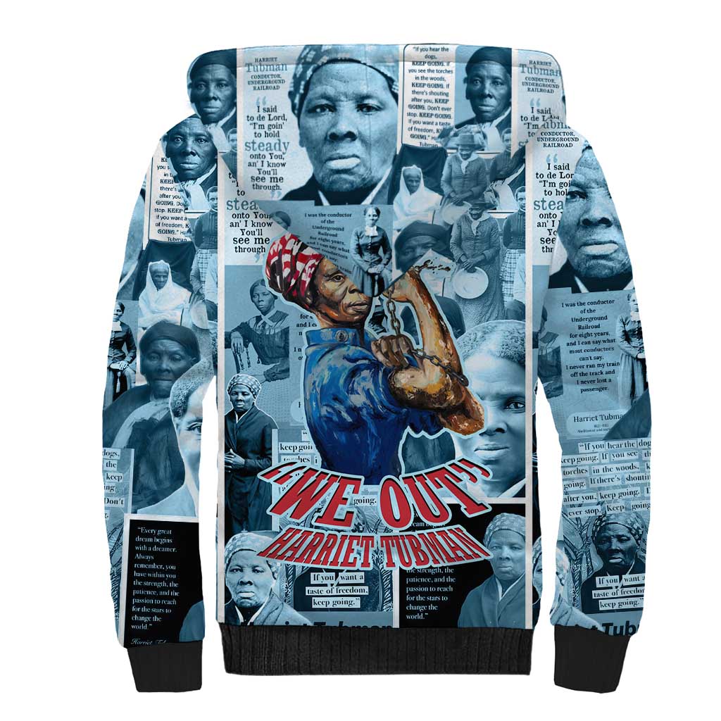 Harriet Tubman Sherpa Hoodie Newspaper Collage Design We Out Quote Strong Woman Tribute Underground Railroad Legacy - Wonder Print Shop