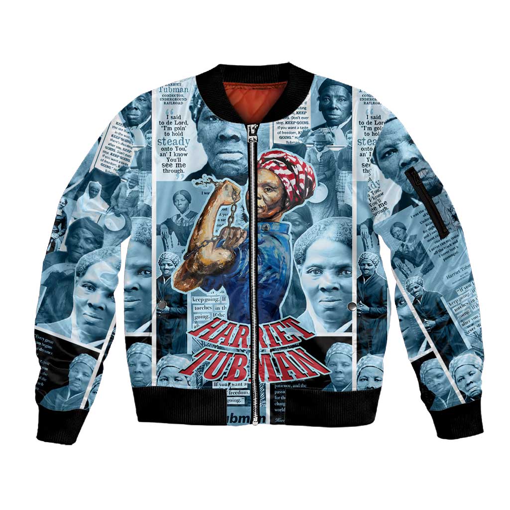 Harriet Tubman Sleeve Zip Bomber Jacket Newspaper Collage Design We Out Quote Strong Woman Tribute Underground Railroad Legacy - Wonder Print Shop