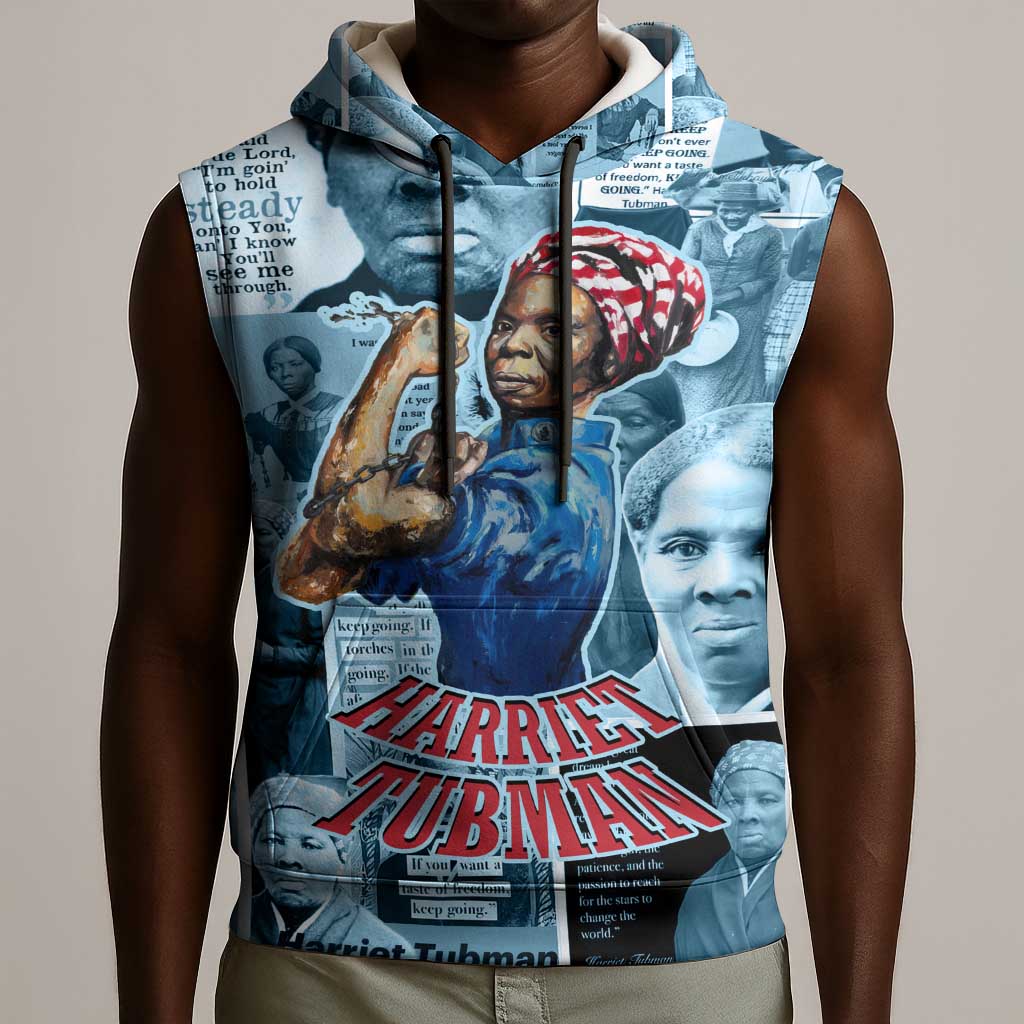 Harriet Tubman Sleeveless Hoodie Newspaper Collage Design We Out Quote Strong Woman Tribute Underground Railroad Legacy - Wonder Print Shop