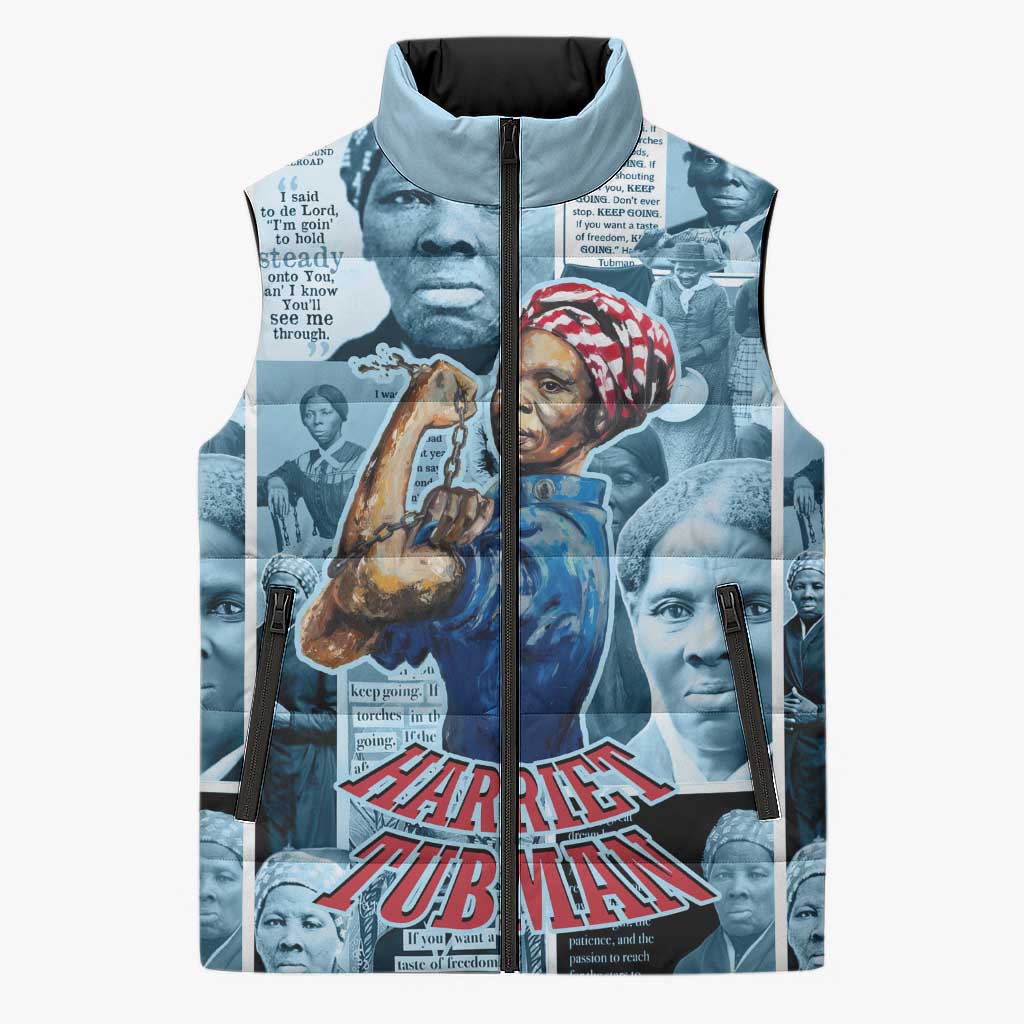 Harriet Tubman Sleeveless Puffer Jacket Newspaper Collage Design We Out Quote Strong Woman Tribute Underground Railroad Legacy - Wonder Print Shop