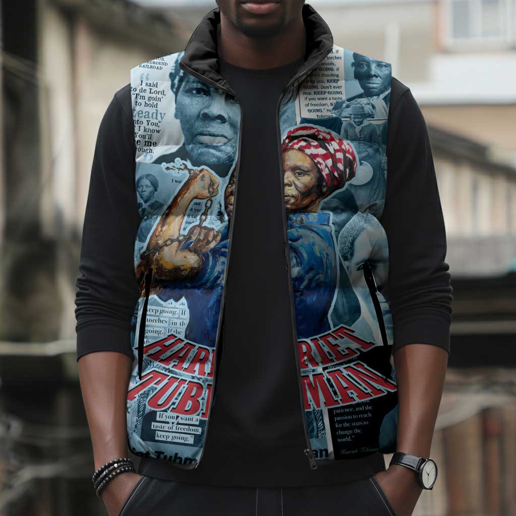 Harriet Tubman Sleeveless Puffer Jacket Newspaper Collage Design We Out Quote Strong Woman Tribute Underground Railroad Legacy - Wonder Print Shop