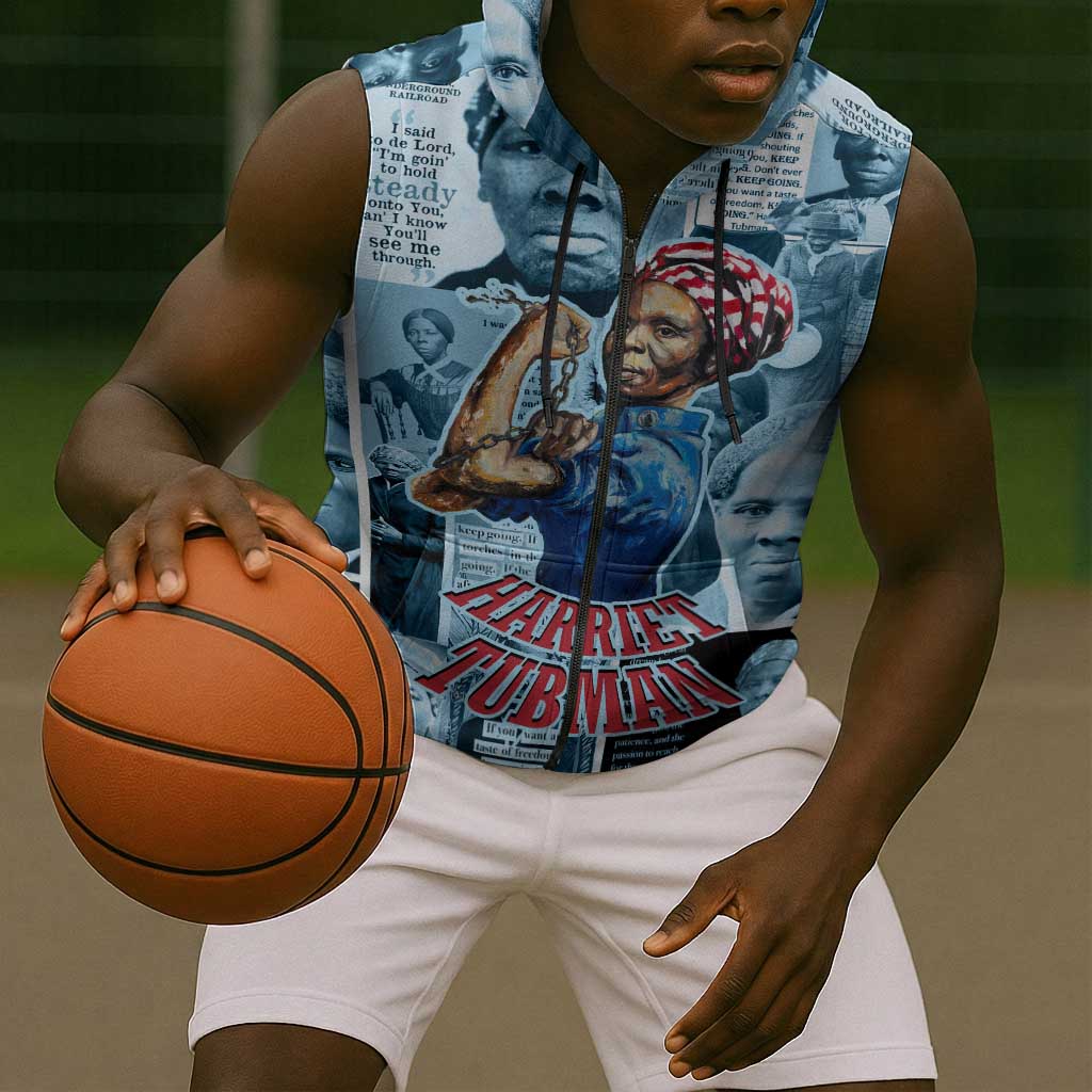 Harriet Tubman Sleeveless Zip Hoodie Newspaper Collage Design We Out Quote Strong Woman Tribute Underground Railroad Legacy - Wonder Print Shop