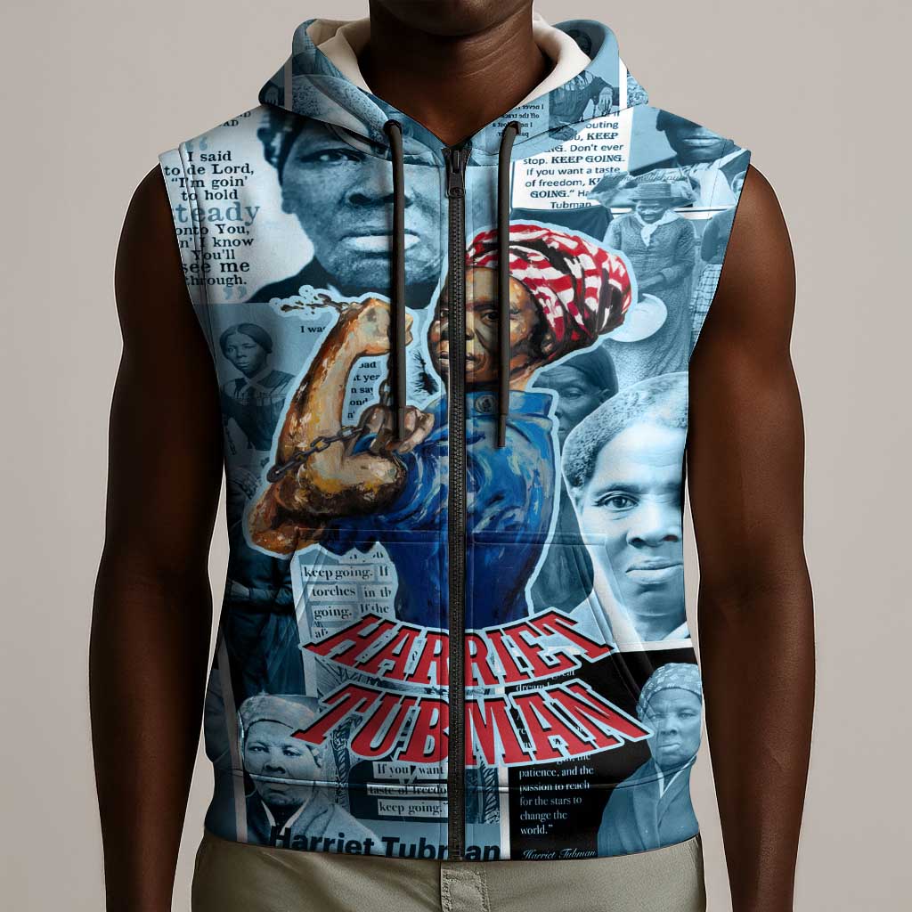 Harriet Tubman Sleeveless Zip Hoodie Newspaper Collage Design We Out Quote Strong Woman Tribute Underground Railroad Legacy - Wonder Print Shop
