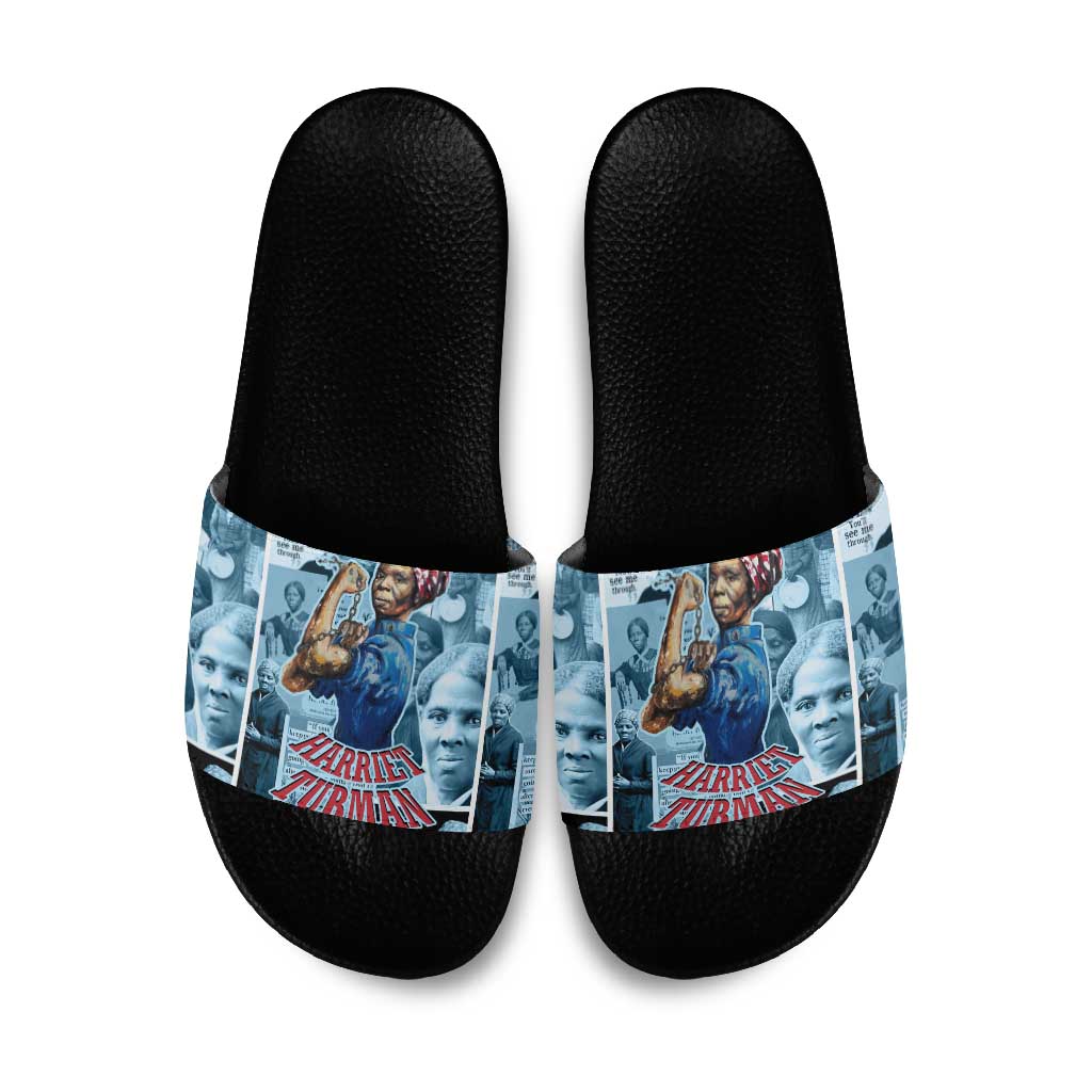 Harriet Tubman Slide Sandals Newspaper Collage Design We Out Quote Strong Woman Tribute Underground Railroad Legacy - Wonder Print Shop