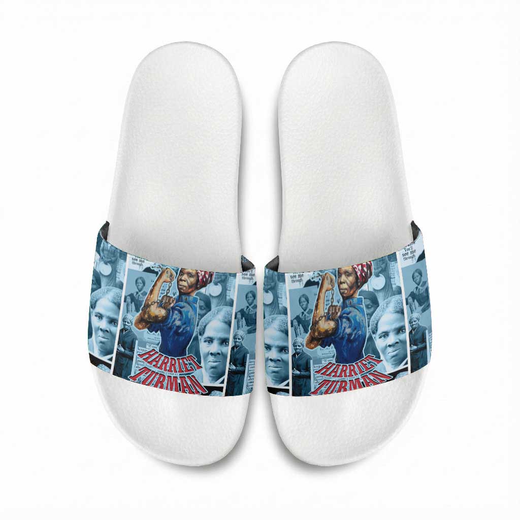 Harriet Tubman Slide Sandals Newspaper Collage Design We Out Quote Strong Woman Tribute Underground Railroad Legacy - Wonder Print Shop