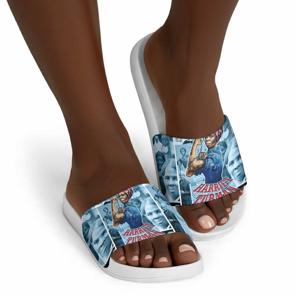 Harriet Tubman Slide Sandals Newspaper Collage Design We Out Quote Strong Woman Tribute Underground Railroad Legacy - Wonder Print Shop