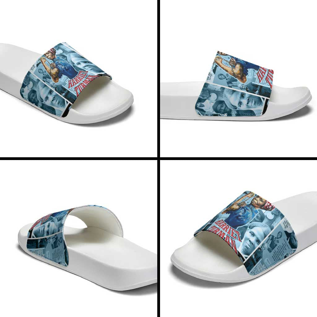 Harriet Tubman Slide Sandals Newspaper Collage Design We Out Quote Strong Woman Tribute Underground Railroad Legacy - Wonder Print Shop