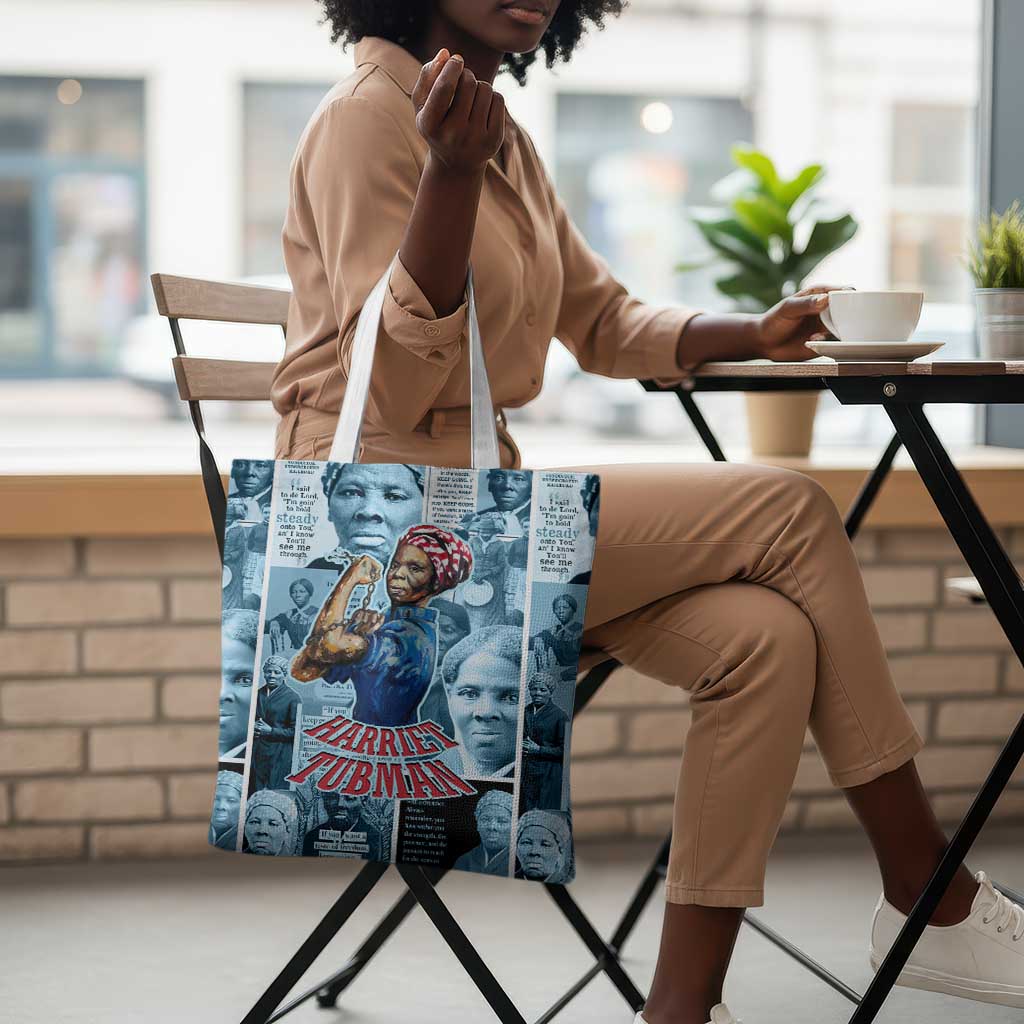 Harriet Tubman Tote Bag Newspaper Collage Design We Out Quote Strong Woman Tribute Underground Railroad Legacy - Wonder Print Shop