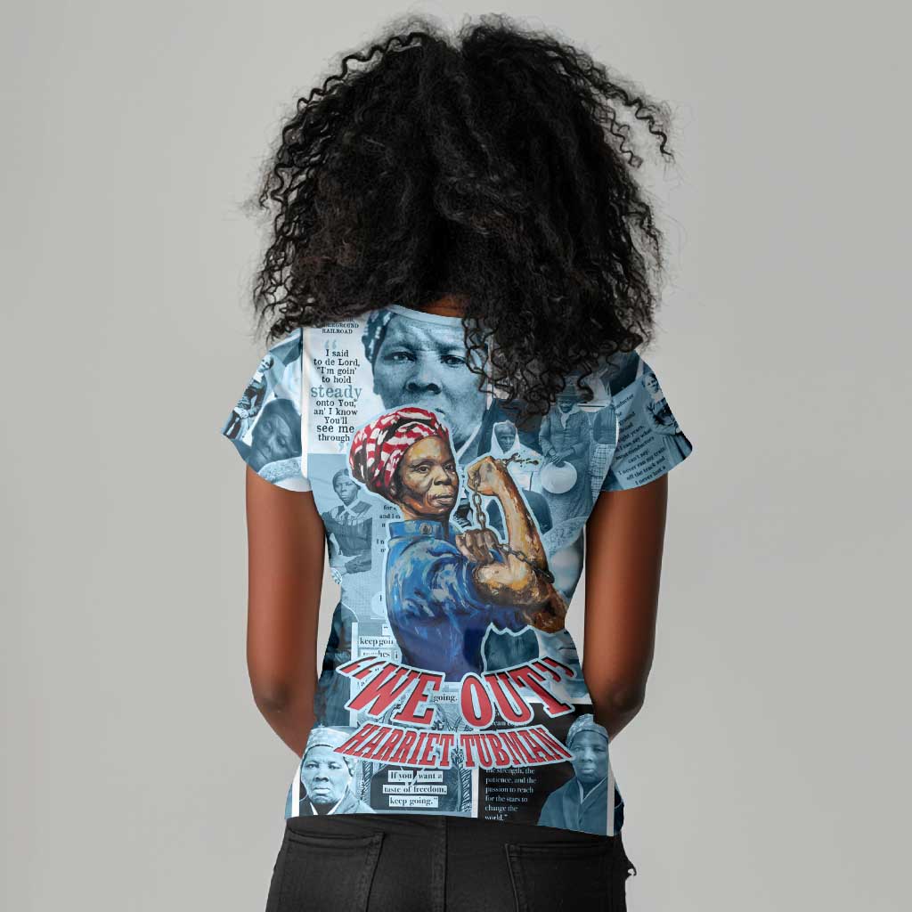 Harriet Tubman Women V-Neck T-Shirt Newspaper Collage Design We Out Quote Strong Woman Tribute Underground Railroad Legacy TS04
