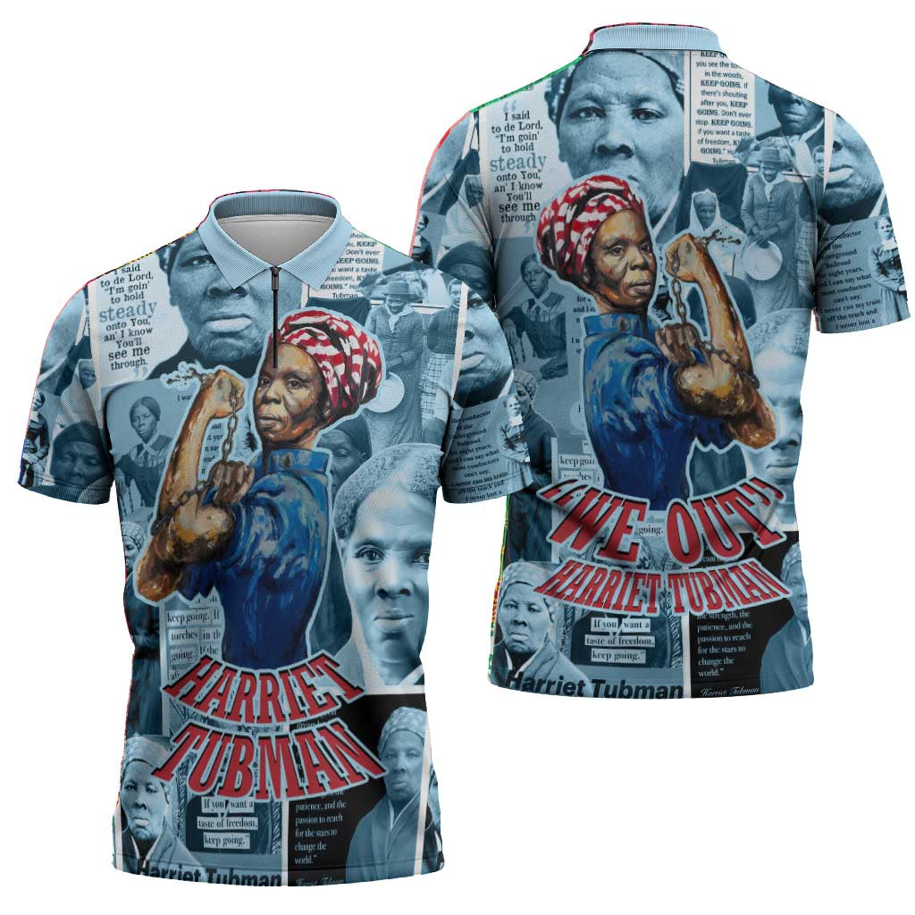 Harriet Tubman Zipper Polo Shirt Newspaper Collage Design We Out Quote Strong Woman Tribute Underground Railroad Legacy - Wonder Print Shop