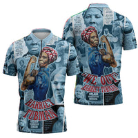 Harriet Tubman Zipper Polo Shirt Newspaper Collage Design We Out Quote Strong Woman Tribute Underground Railroad Legacy - Wonder Print Shop