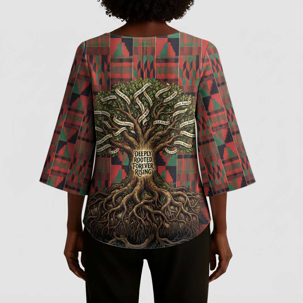 Black Heritage Tree Kimono Sleeve Blouse African Root Black History Kente Pattern